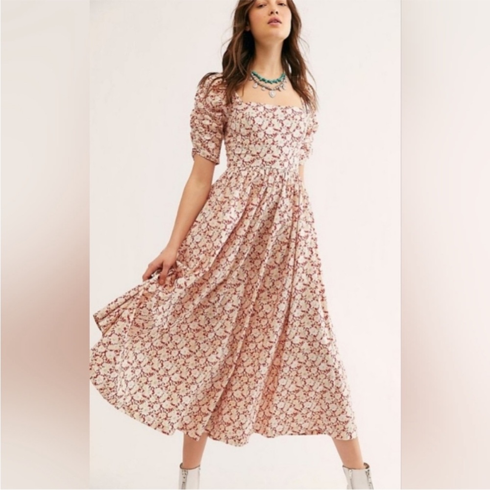 Free People She’s A Dream Red & Cream Floral Midi Dress - sz 8